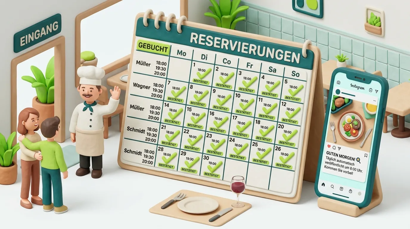 Restaurant nach KI-Automatisierung – vollständig gebuchter Kalender, täglich auf Social Media präsent