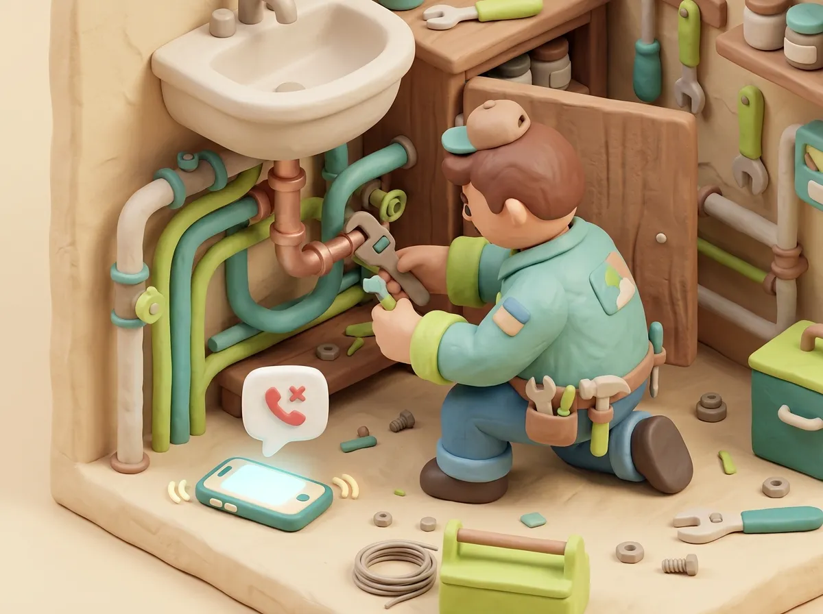 Handwerker arbeitet auf der Baustelle während sein Telefon klingelt — KI-Telefonassistent nimmt Anrufe automatisch entgegen