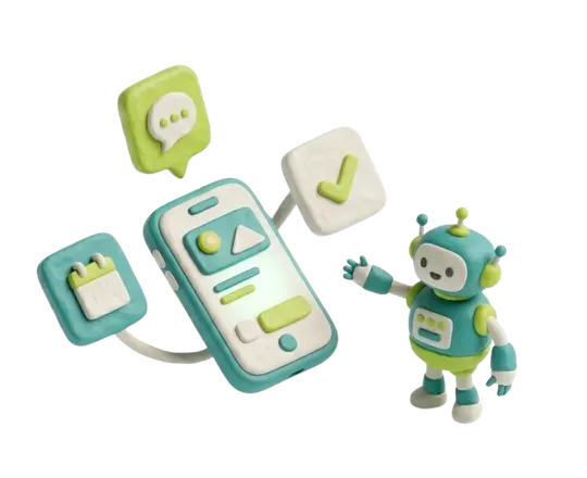 Isometrische 3D-Illustration: KI-Telefonassistent Setup-Prozess — Konfiguration und Einrichtung