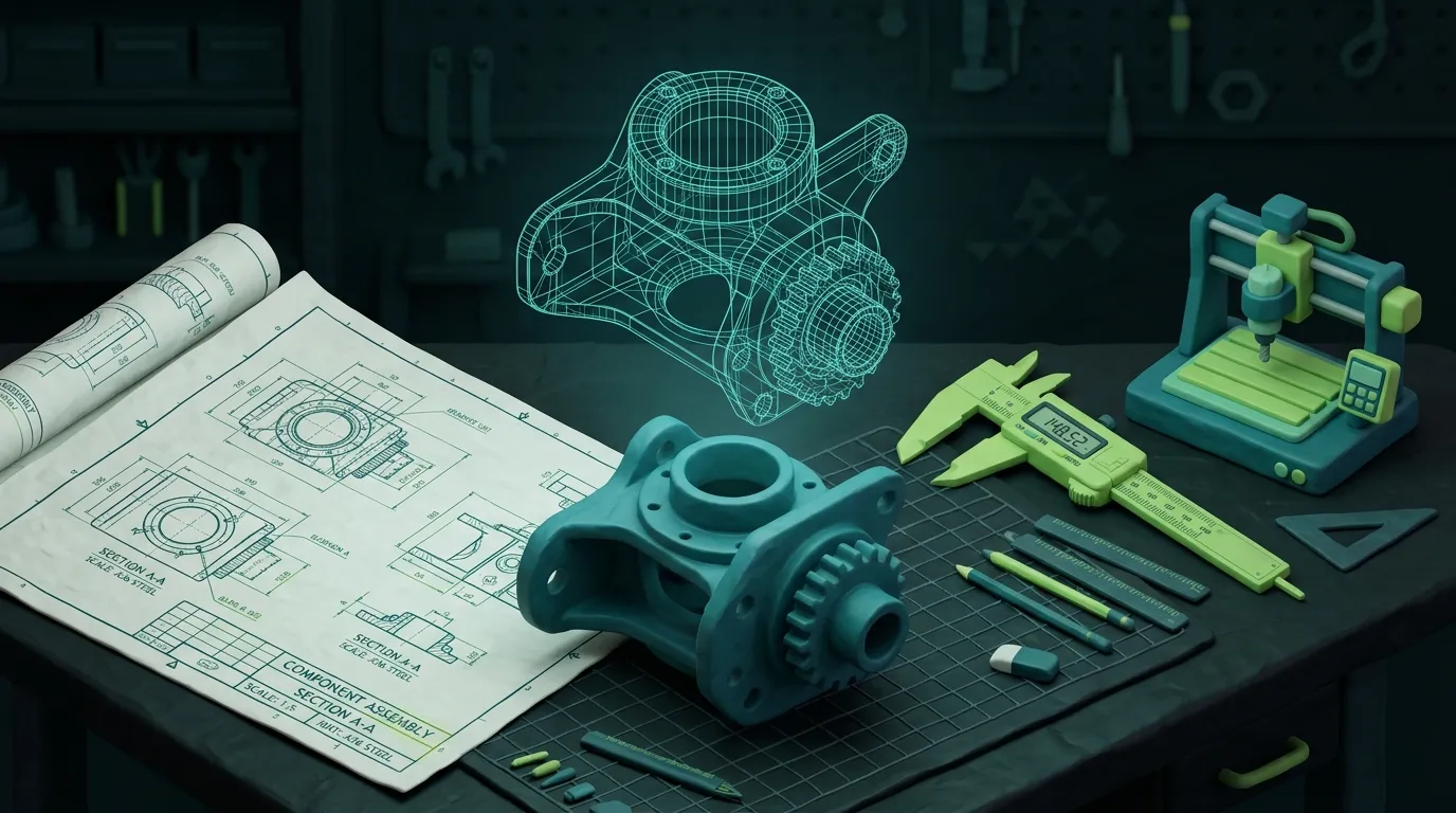 Clay-Illustration: 3D-Modellierung und technische Konstruktion – CAD-Modell mit Blaupause und CNC-Export – AD-Base Agency