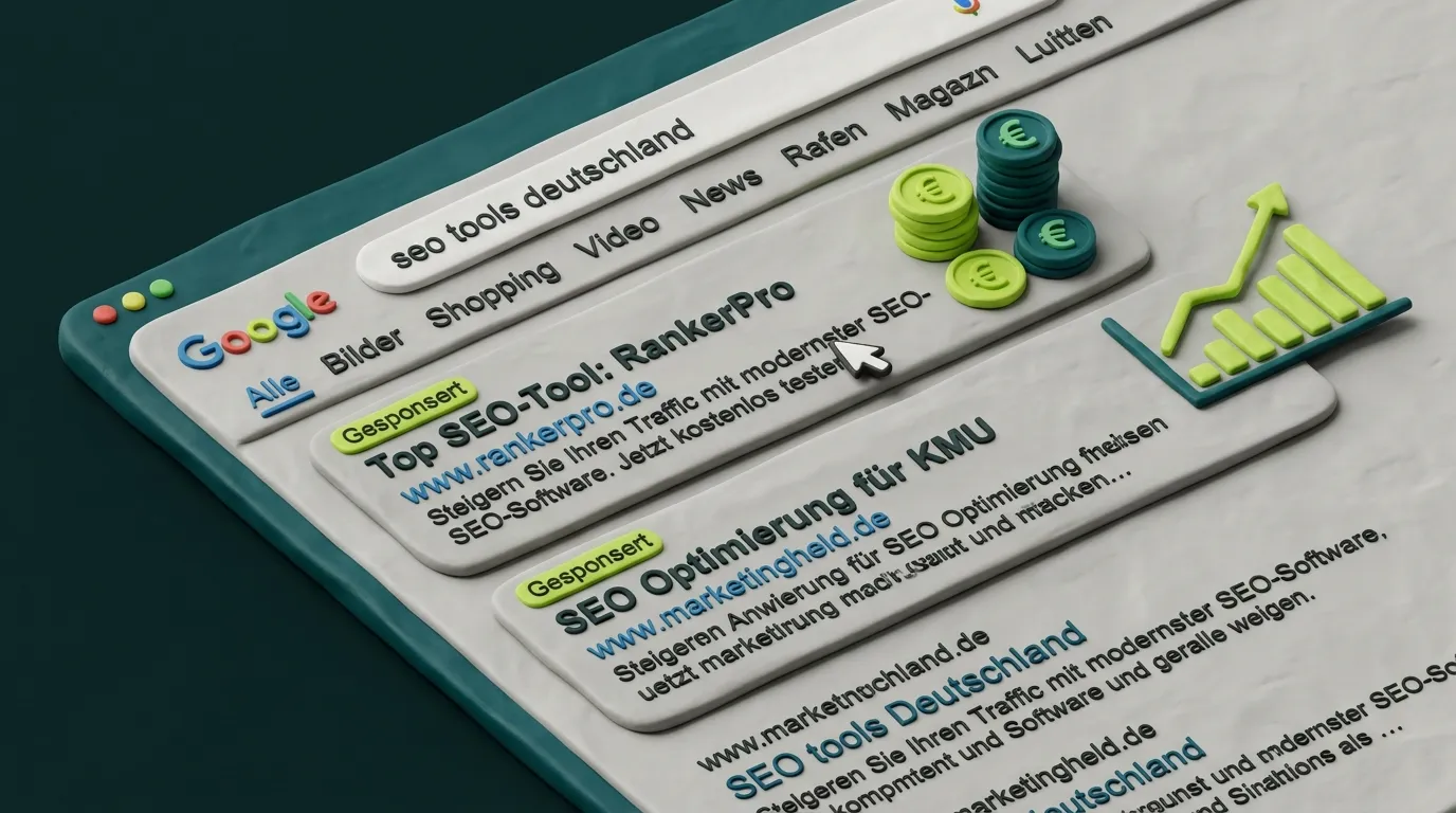 Clay-Illustration: Google Ads Betreuung – Gesponserte Anzeigen in den Google Suchergebnissen – AD-Base Agency