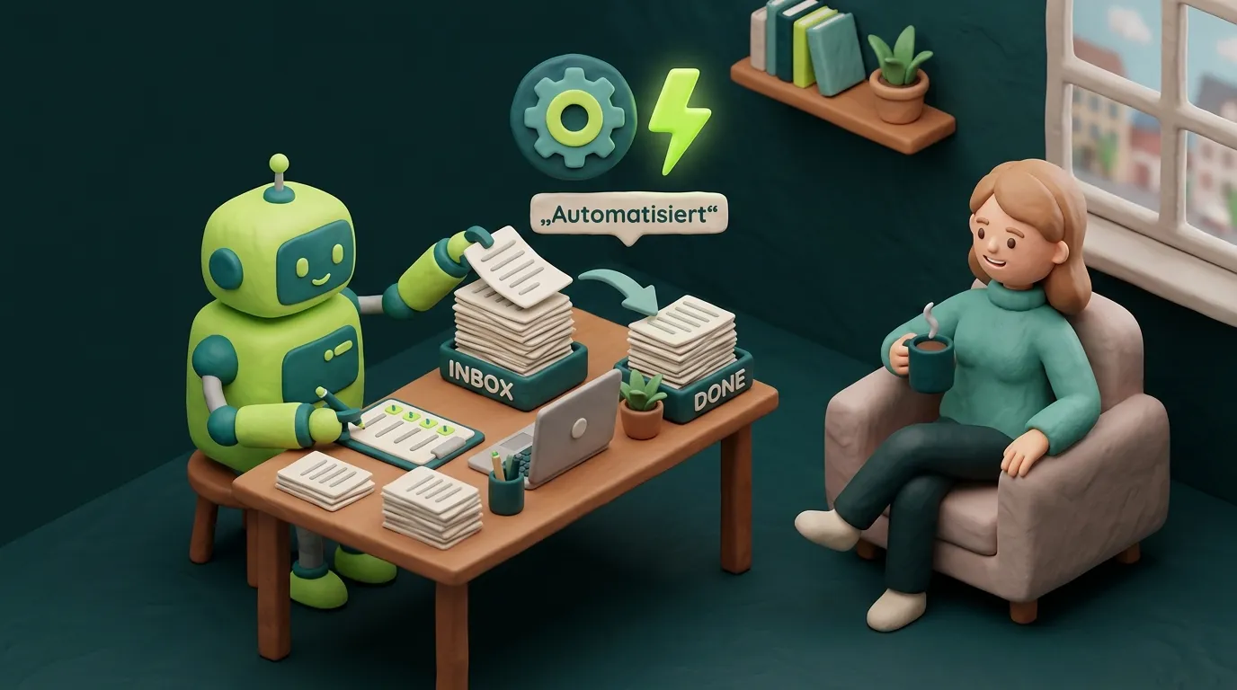 Clay-Illustration: KI-Beratung und Automatisierung – Roboter erledigt Routineaufgaben während Mensch sich auf Beratung konzentriert – AD-Base Agency