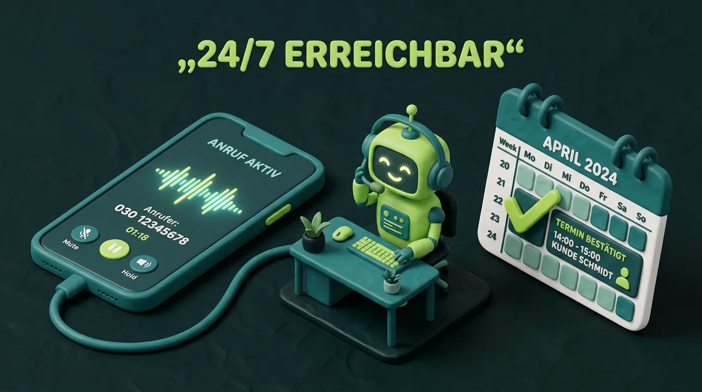 Clay-Illustration: KI-Telefonassistent – automatische Anrufannahme und Terminbuchung rund um die Uhr – AD-Base Agency