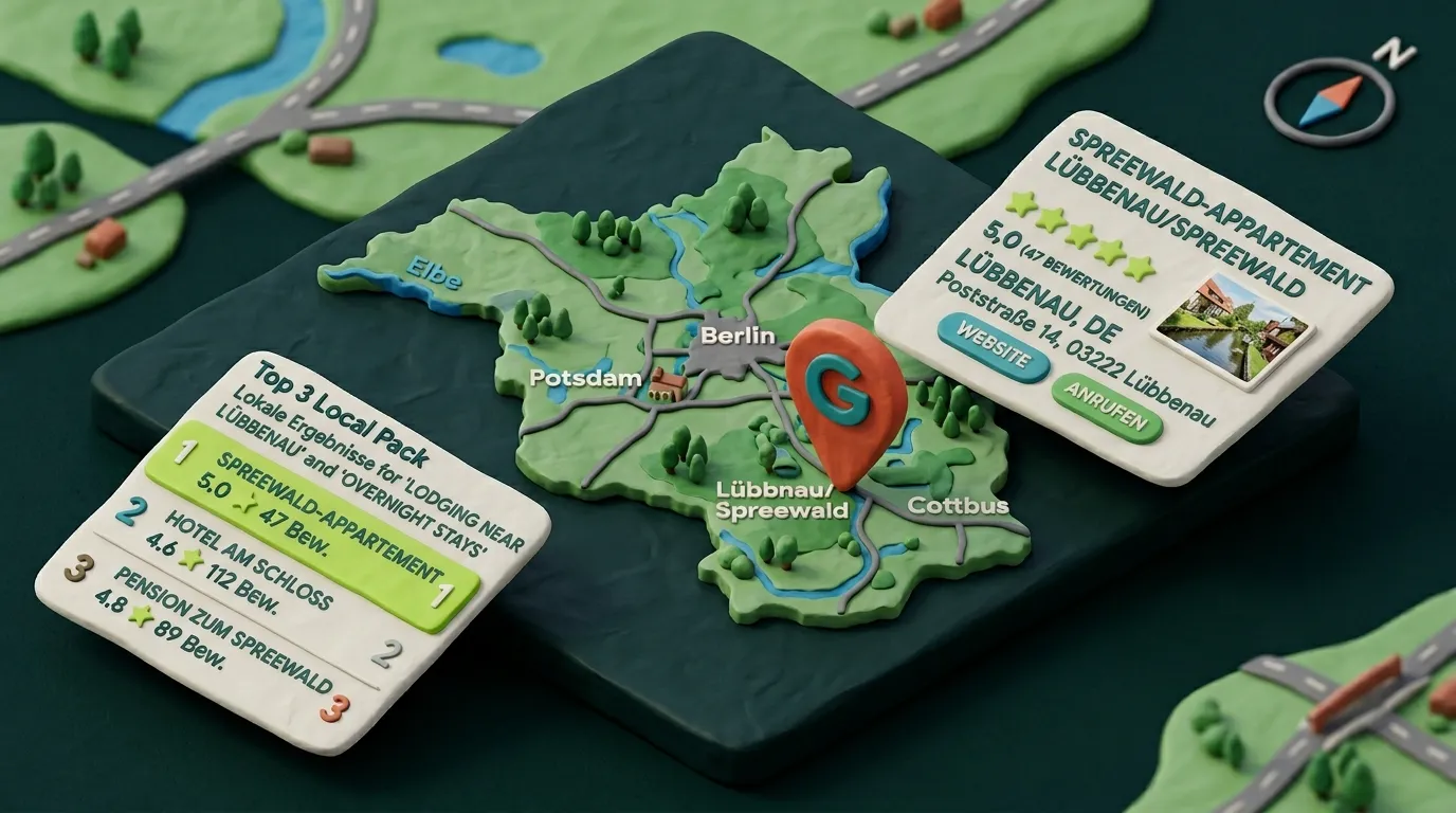 Clay-Illustration: Local SEO – Google Maps Optimierung und Google Business Profil für lokale Unternehmen – AD-Base Agency