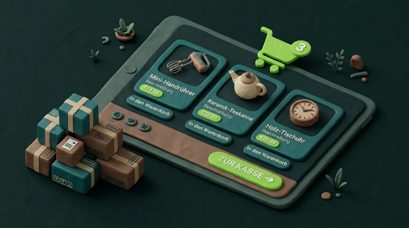 Clay-Illustration: WooCommerce Webshop erstellen lassen – Produktkarten, Warenkorb und Checkout – AD-Base Agency