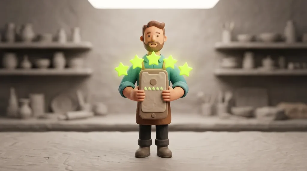 Clay-Handwerker hält Smartphone mit leuchtenden fünf Sternen in Lime-Grün — symbolisiert systematisches Sammeln von Google-Bewertungen