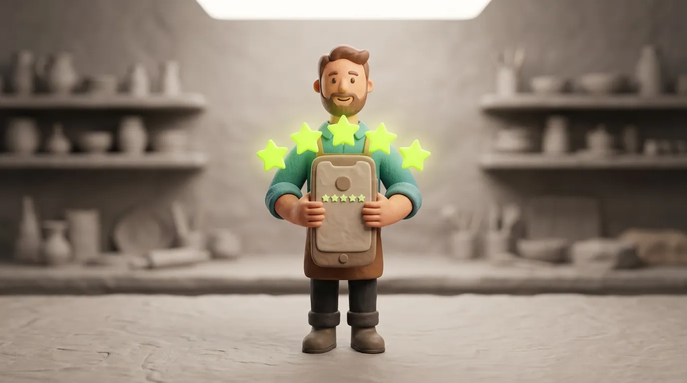 Clay-Handwerker hält Smartphone mit leuchtenden fünf Sternen in Lime-Grün — symbolisiert systematisches Sammeln von Google-Bewertungen