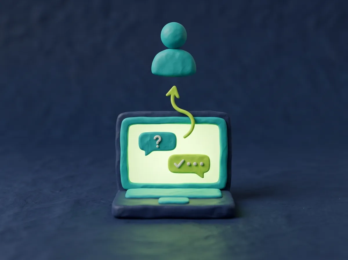 KI-Chatbot beantwortet Besucheranfragen automatisch auf einer Website — Clay 3D Illustration