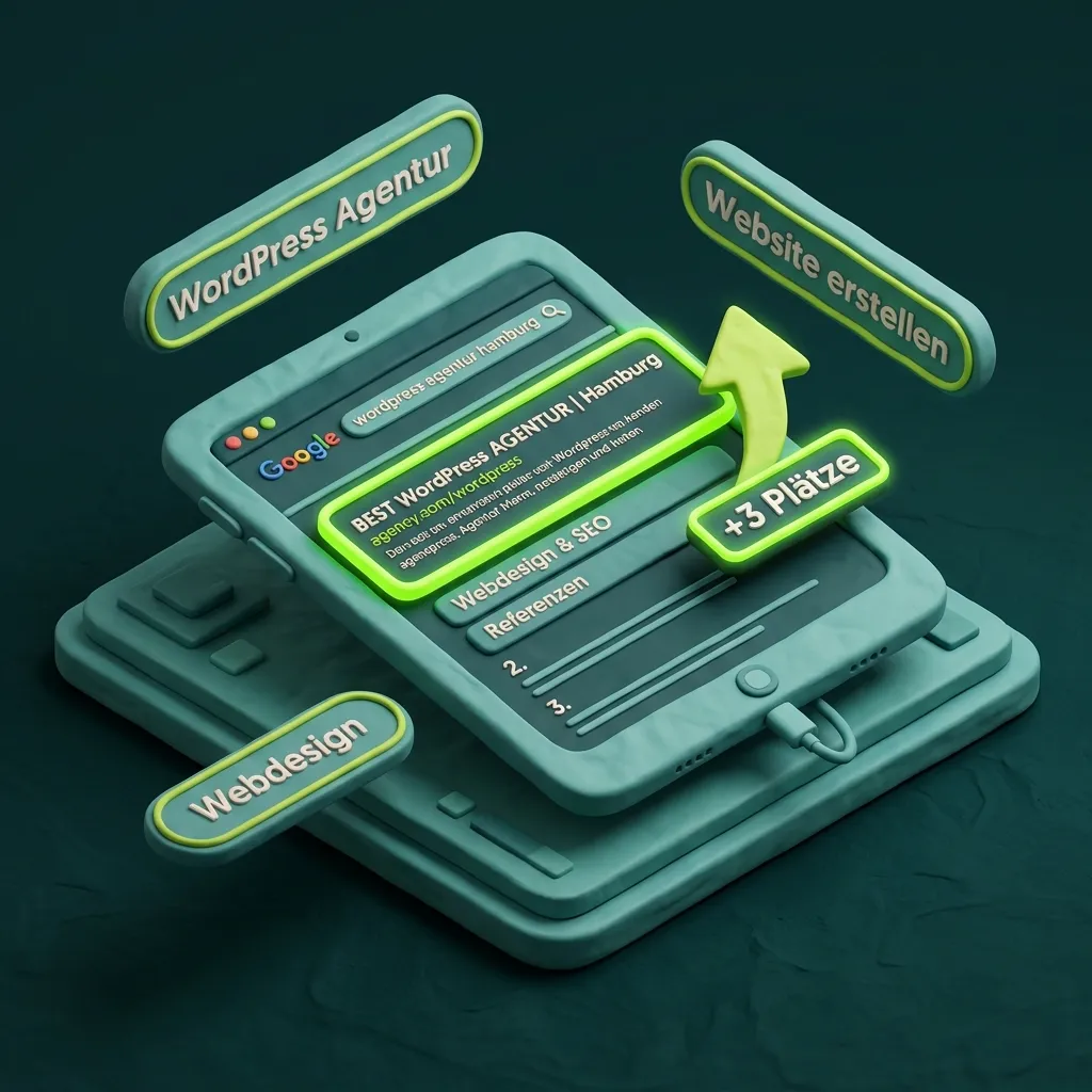 SEO für WordPress — Google Ranking Position 1, Clay 3D Illustration