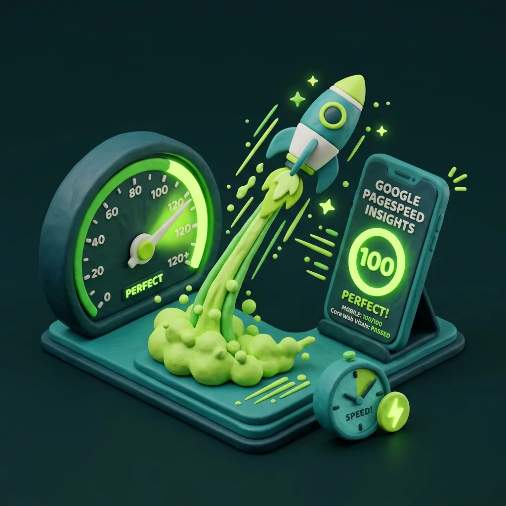 WordPress Speed-Optimierung — PageSpeed 100, Core Web Vitals, Clay 3D Illustration