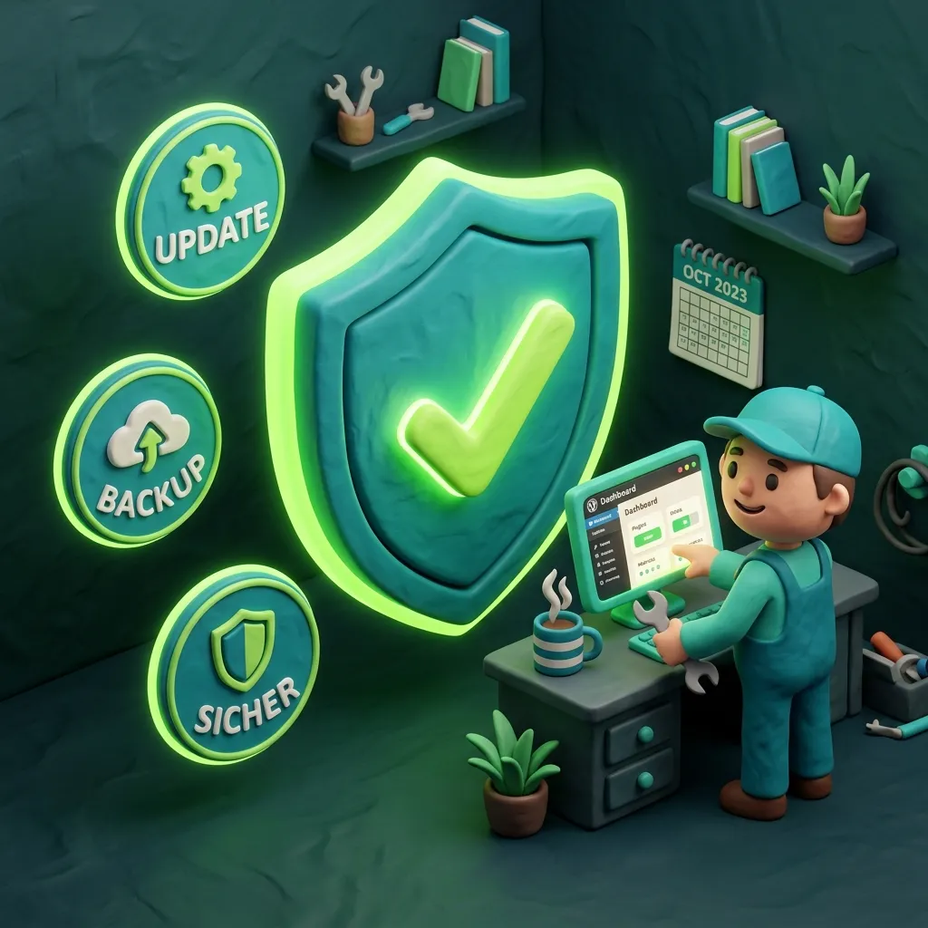 WordPress Wartung und Support — Sicherheit, Backups, Updates, Clay 3D Illustration