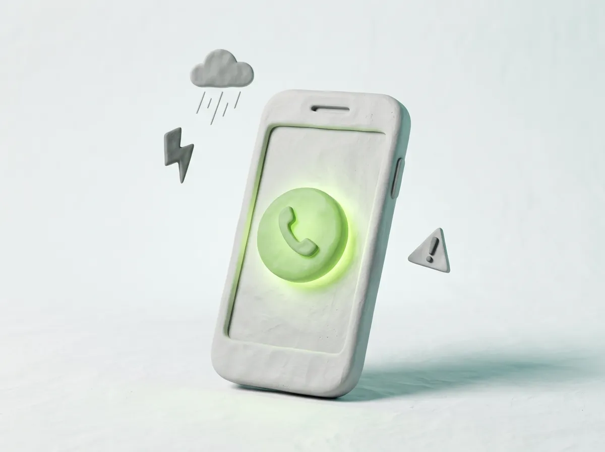 Sturmschaden-Hotline für Dachdecker: Clay-Smartphone mit Warn-Symbol zeigt 24/7 Notfallkontakt bei Sturmschäden