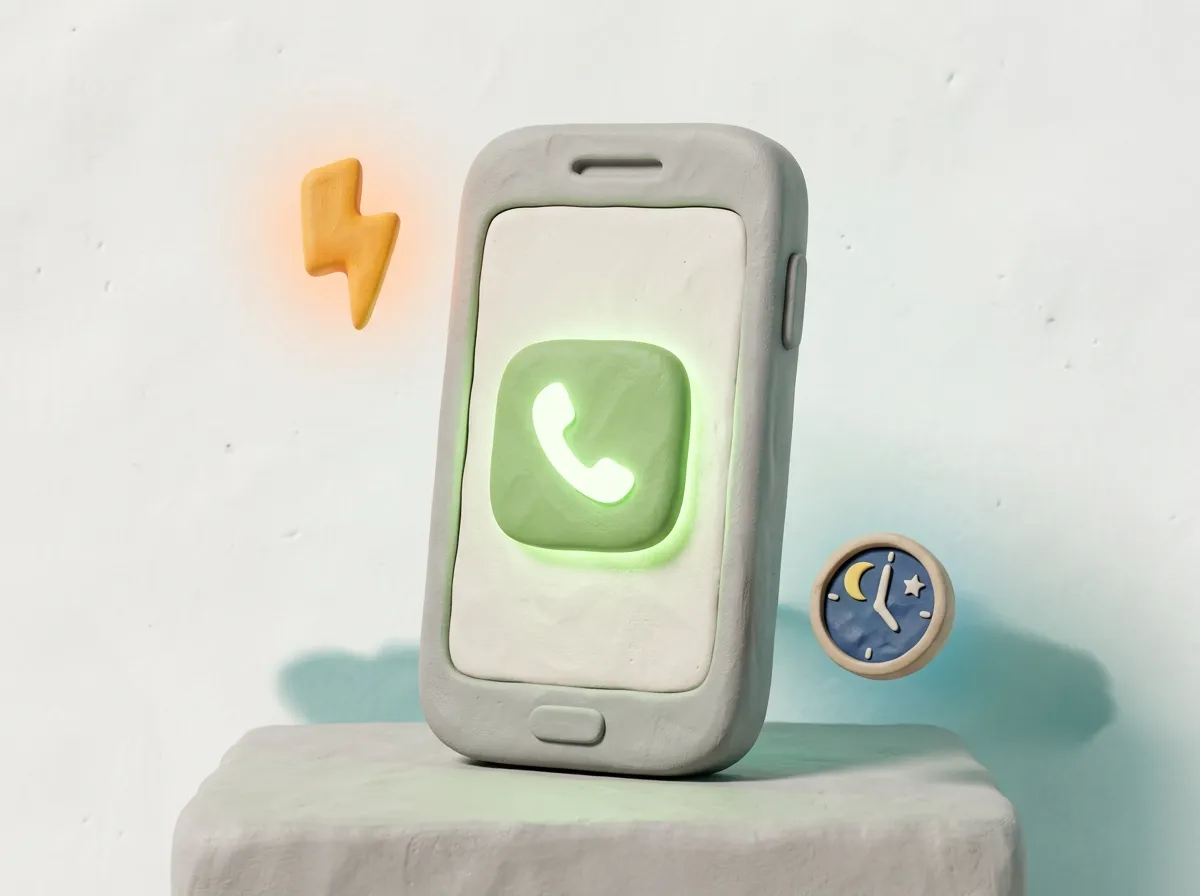 Notdienst-Button für Elektriker: Clay-Smartphone mit leuchtend grünem Anruf-Symbol symbolisiert 24/7 Erreichbarkeit