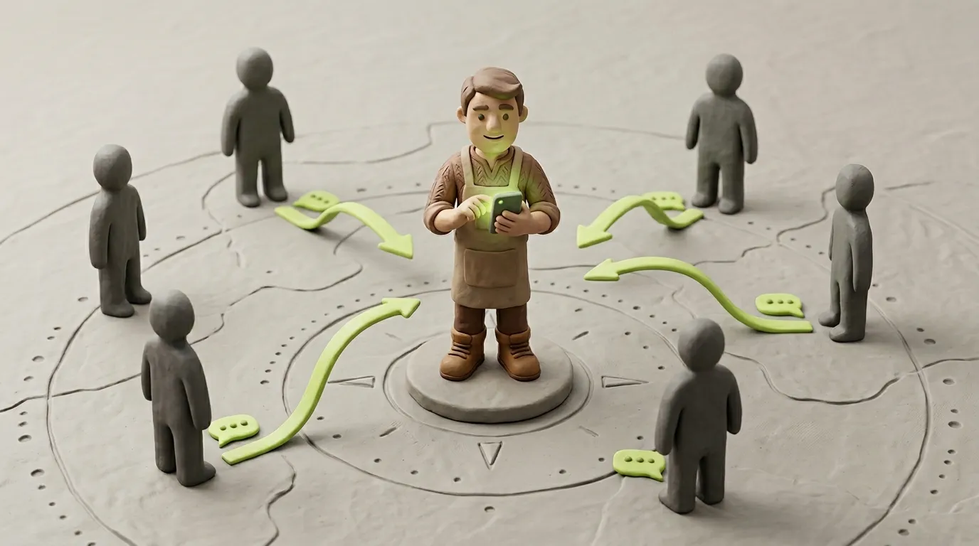 Clay-Handwerker steht in einer lokalen Community aus Clay-Figuren — Lime-Grün Empfehlungspfeile zeigen von der Gruppe zum Smartphone des Handwerkers