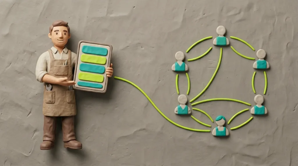 Clay-Handwerker mit Tablet zeigt abstrakten Social-Media-Feed — daneben ein Clay-Kreis aus kleinen Figuren symbolisiert eine lokale Community-Gruppe