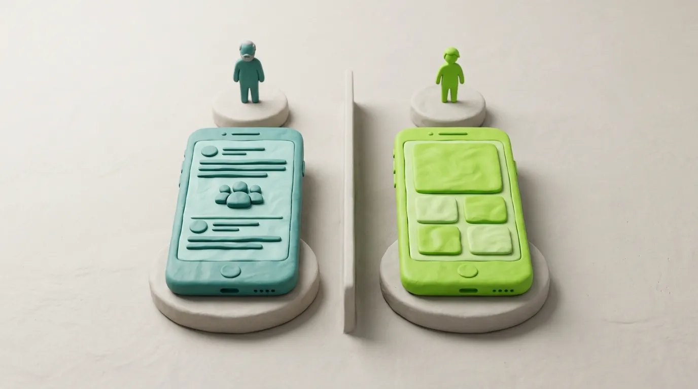 Clay-Vergleich zweier Smartphones: linkes in Teal symbolisiert Facebook mit älterer Zielgruppe, rechtes in Lime-Grün symbolisiert Instagram mit jüngerer Zielgruppe