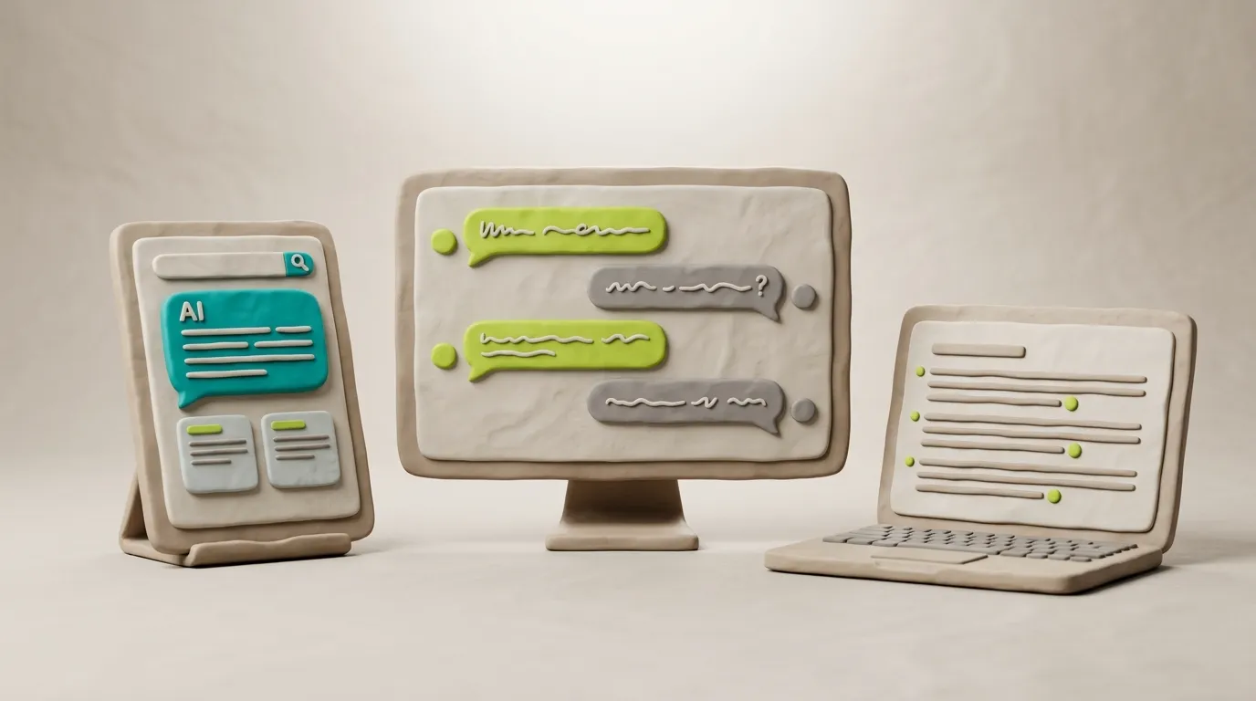 Clay-Darstellung dreier KI-Suchsysteme: ein Suchfeld mit KI-Antwortbox in Teal, ein Chat-Interface in Lime-Grün, ein Quellen-Interface in Neutraltönen — symbolisiert die verschiedenen GEO-relevanten Plattformen