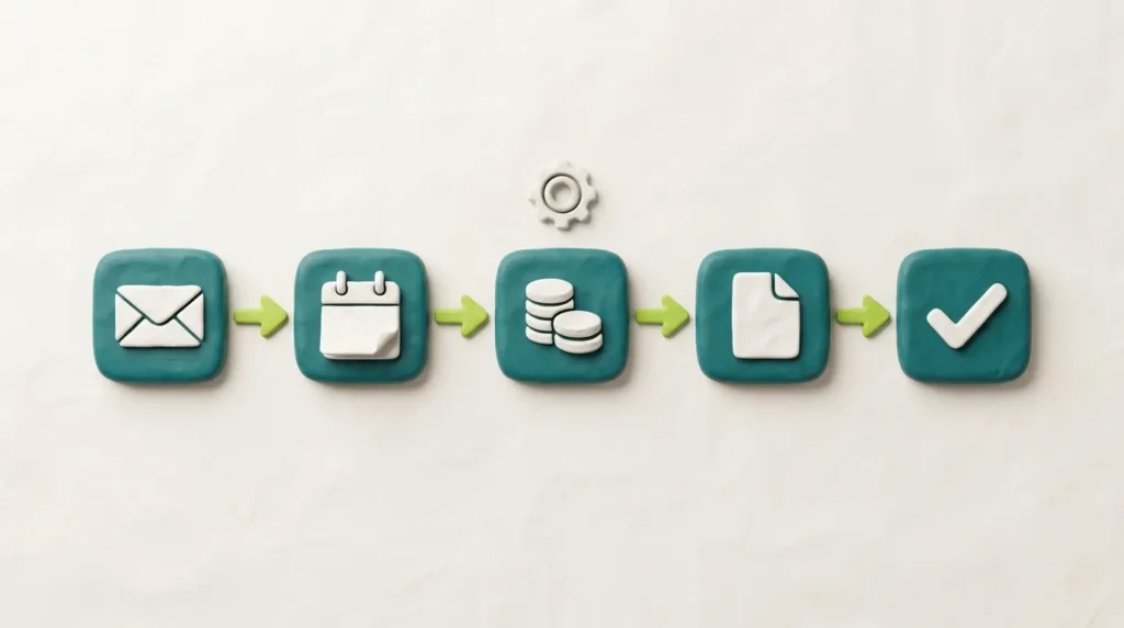 Geschäftsprozesse automatisieren für KMU: Workflow-Diagramm mit verbundenen Prozessschritten und Automatisierungs-Symbolen
