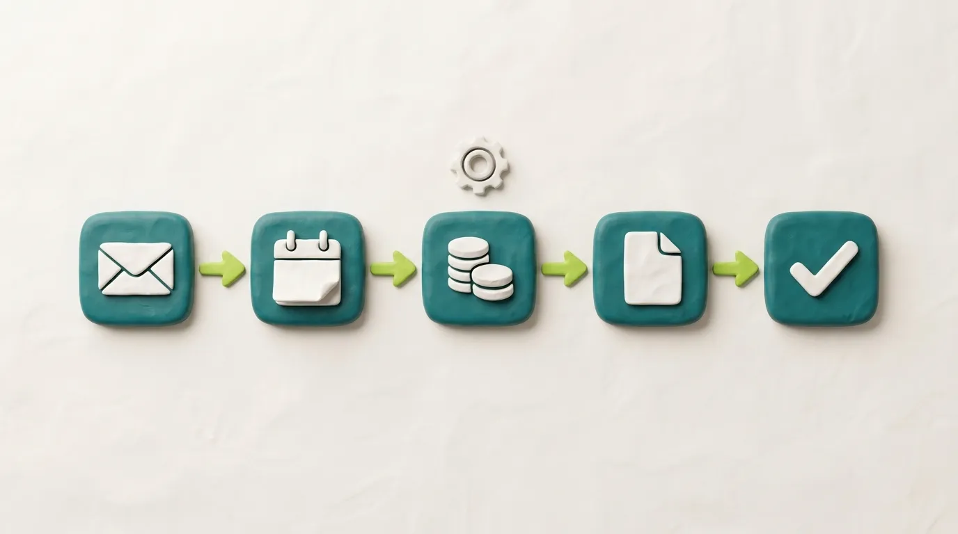 Geschäftsprozesse automatisieren für KMU: Workflow-Diagramm mit verbundenen Prozessschritten und Automatisierungs-Symbolen