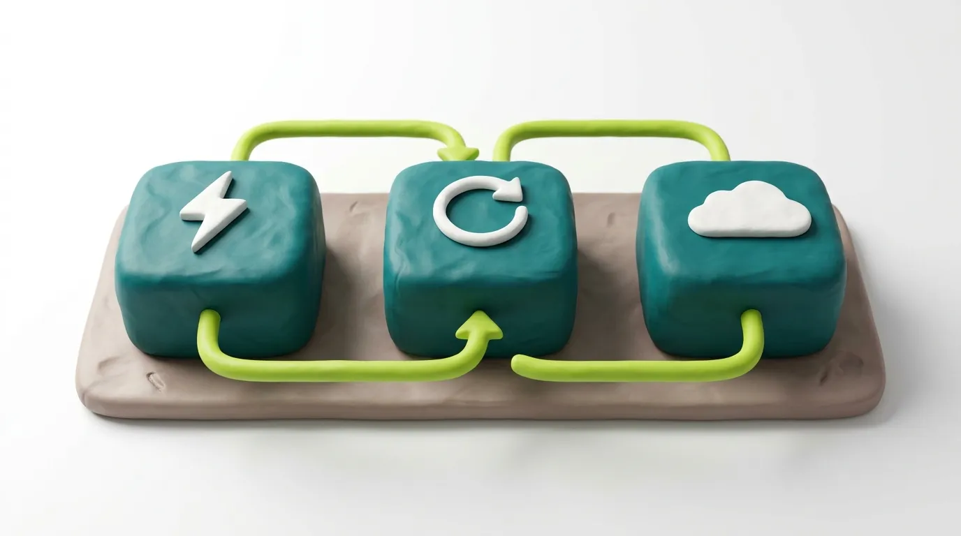 Automatisierungs-Workflow für KMU: Verbundene Software-Tools als Clay-Objekte symbolisieren automatischen Datenfluss zwischen Anwendungen