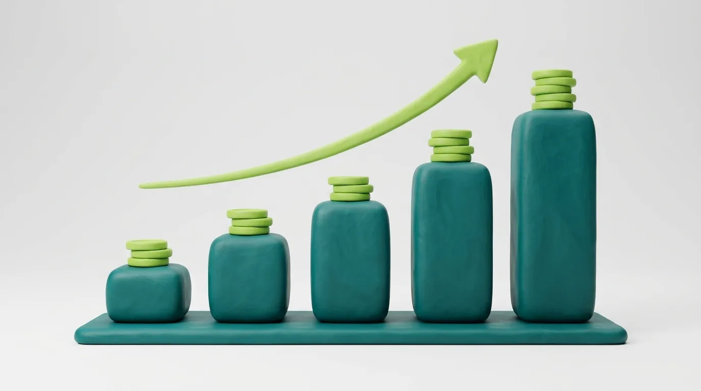Google Ads Budget-Stufen für KMU: Gestaffelte Clay-Balken zeigen Werbebudget-Empfehlungen von 500 bis 5.000 Euro monatlich