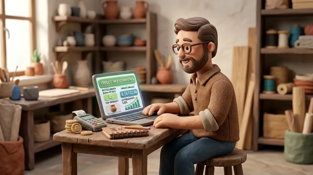 Clay-Handwerker vor einem Laptop, auf dem Bildschirm erscheint eine Google-Suchanzeige für einen lokalen Betrieb