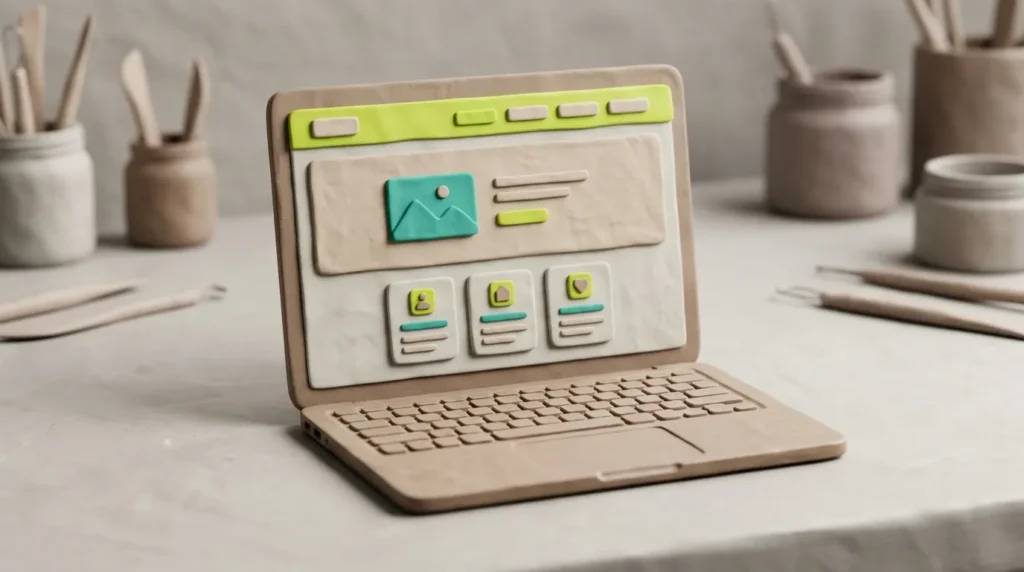 Clay-Laptop zeigt eine strukturierte Handwerker-Website mit klar gegliederten Seiten — Startseite, Leistungen, Über uns, Kontakt — in Lime-Grün und Teal