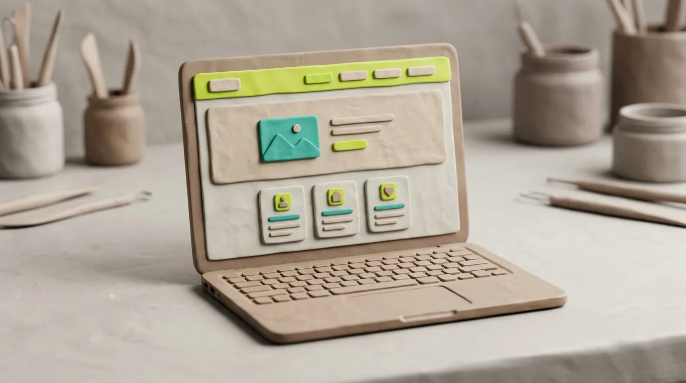 Clay-Laptop zeigt eine strukturierte Handwerker-Website mit klar gegliederten Seiten — Startseite, Leistungen, Über uns, Kontakt — in Lime-Grün und Teal