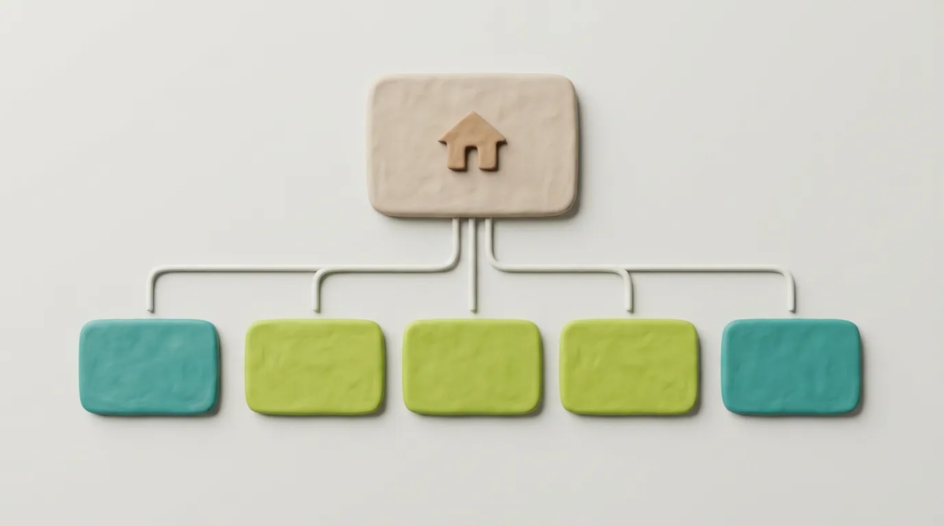 Clay-Sitemap-Diagramm zeigt Handwerker-Website-Struktur: Startseite oben, darunter Leistungsseiten in Lime-Grün, Über uns und Kontakt in Teal