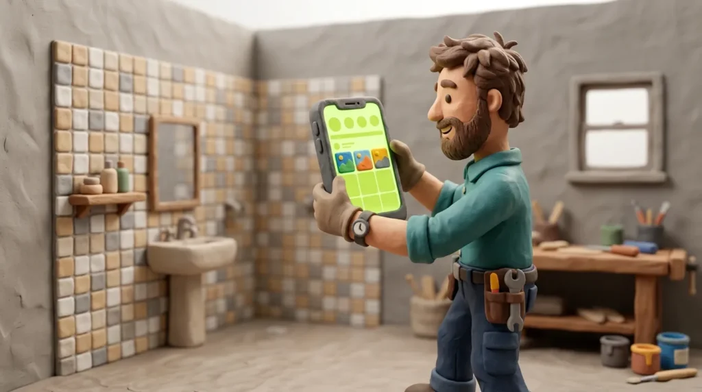 Clay-Handwerker fotografiert ein abgeschlossenes Projekt mit dem Smartphone, ein vereinfachter Instagram-Rahmen erscheint auf dem Bildschirm