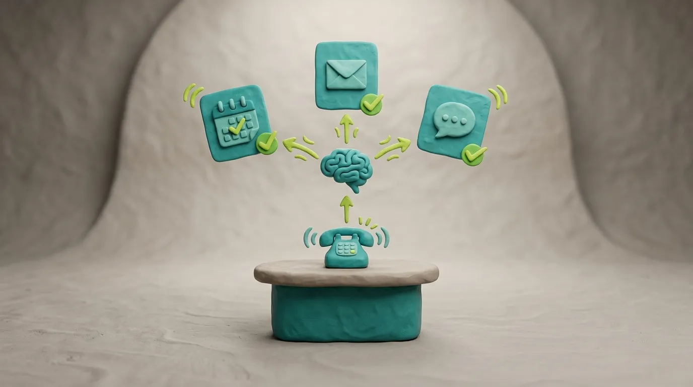 Clay-Illustration: KI-Assistent nimmt Anruf entgegen, bucht Termin und sendet Bestätigung automatisch — symbolisiert KI-Automatisierung für KMU