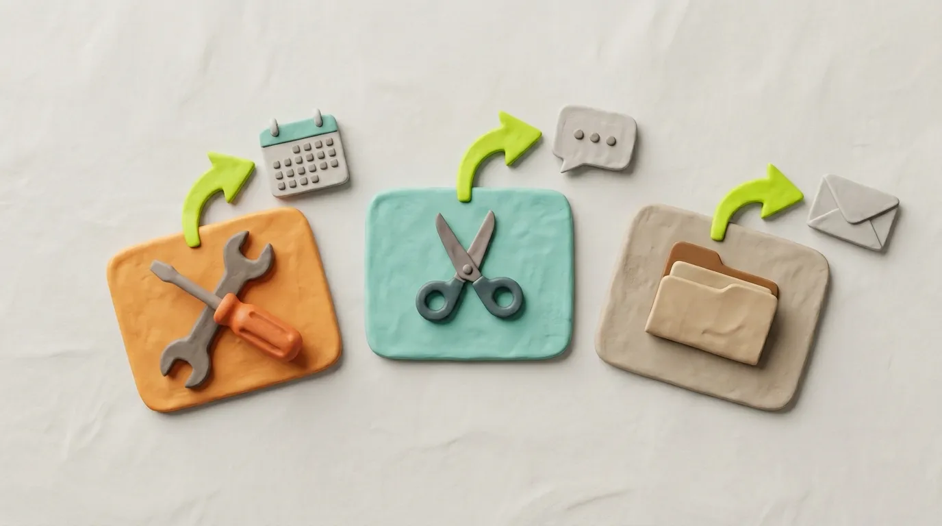Clay-Illustration zeigt drei KMU-Beispiele für KI-Automatisierung nebeneinander: Handwerksbetrieb, Dienstleister und Bürobetrieb mit Workflow-Pfeilen