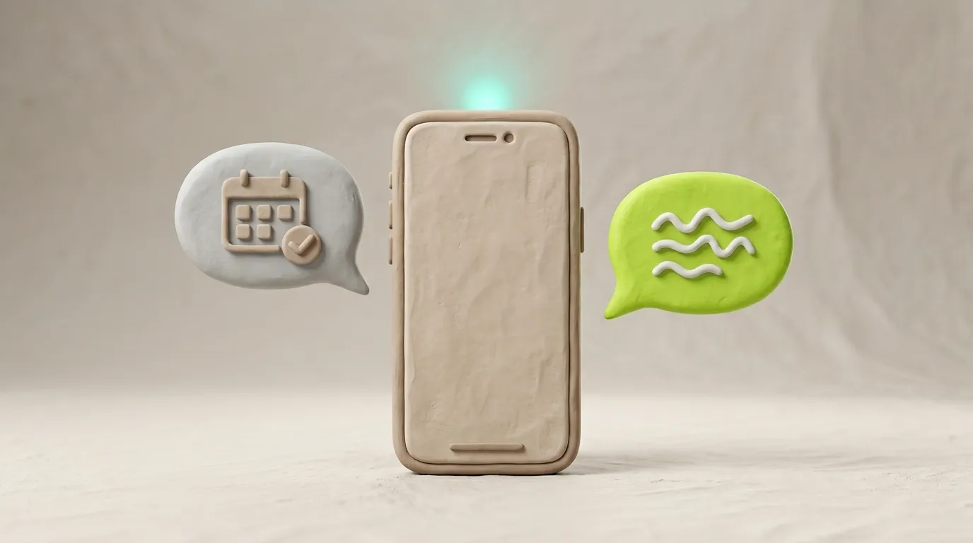 Clay-Darstellung eines KI-Telefongesprächs: Anrufer-Sprechblase in Grau, KI-Assistent-Antwort in Lime-Grün mit Kalender-Icon — symbolisiert automatische Terminbuchung