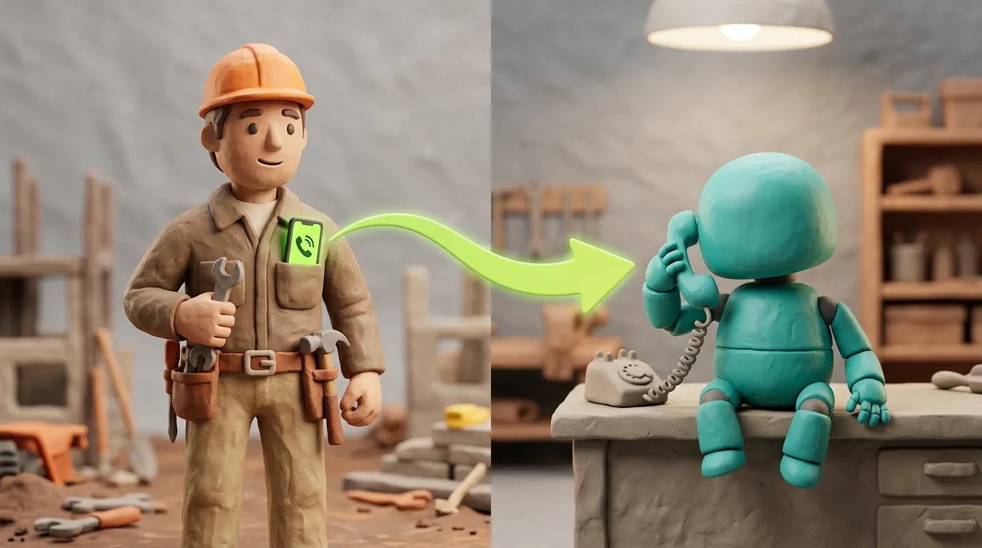 Clay-Handwerker auf Baustelle mit klingelndem Smartphone — ein KI-Assistent als Clay-Figur nimmt den Anruf automatisch entgegen
