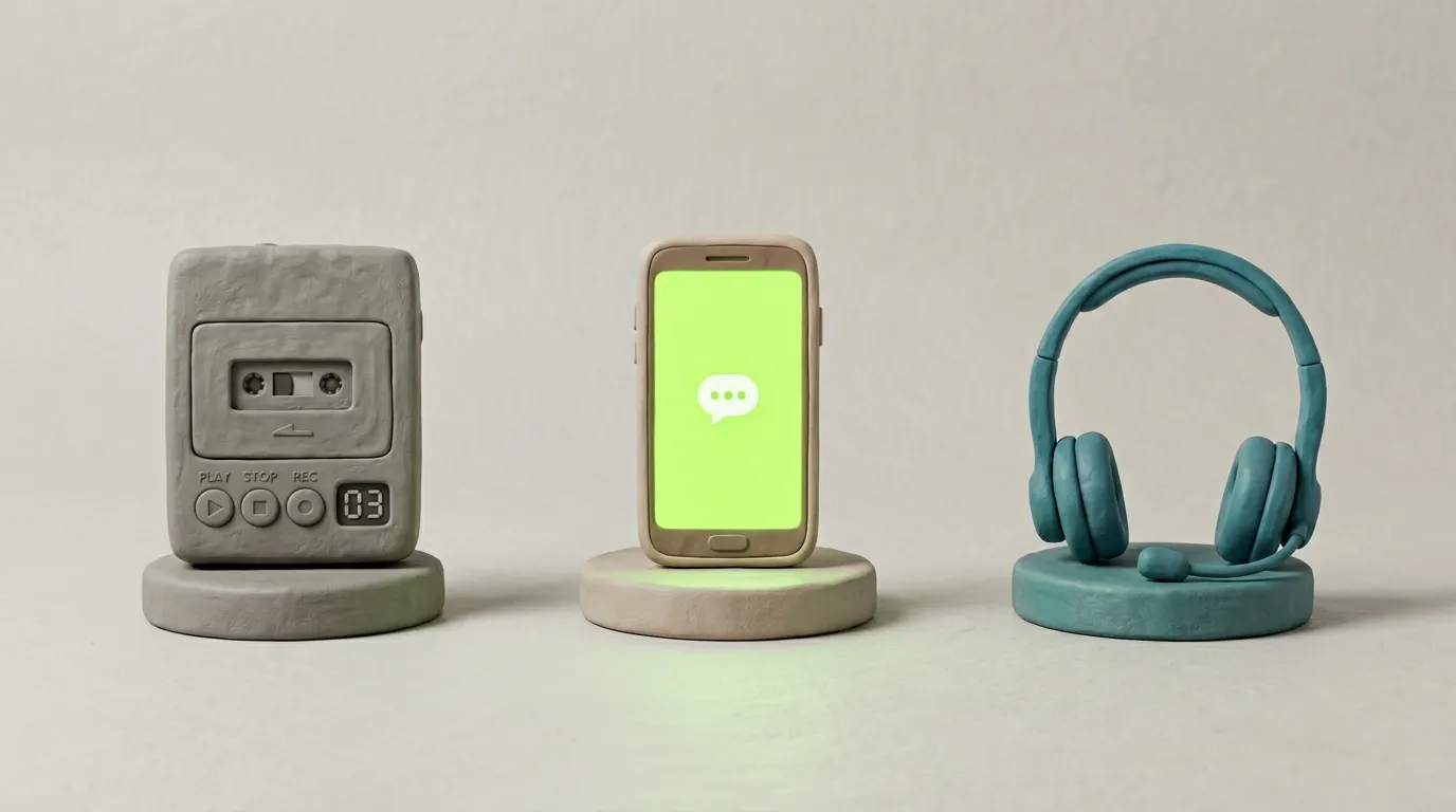 Clay-Vergleich drei Lösungen für Telefonabwesenheit: grauer Anrufbeantworter, lime-grünes Smartphone mit KI-Assistent, teal-farbenes Headset für Sekretariatsservice