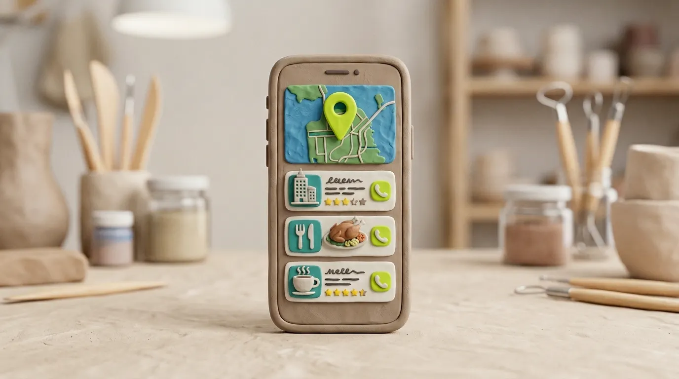 Clay-Smartphone zeigt ein lokales Google-Suchergebnis mit Karte und drei Handwerkerbetrieben im lokalen 3er-Pack