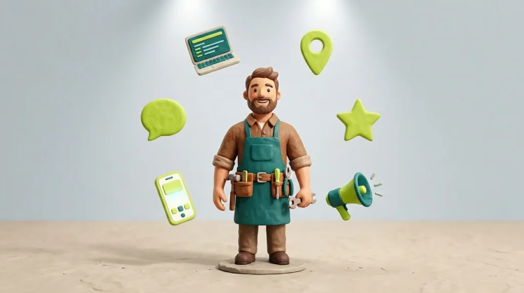 Handwerker-Figur aus Clay umgeben von Icons für Website, Google Maps, Bewertungen und Social Media