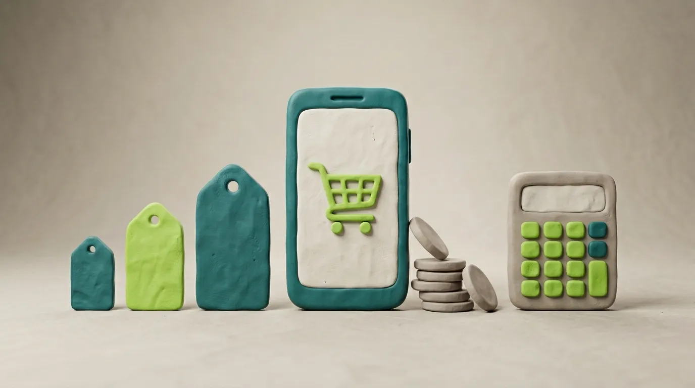 Clay-Render: Smartphone mit Warenkorb, Preisschilder in verschiedenen Größen und Taschenrechner — symbolisiert Onlineshop-Kosten im Überblick