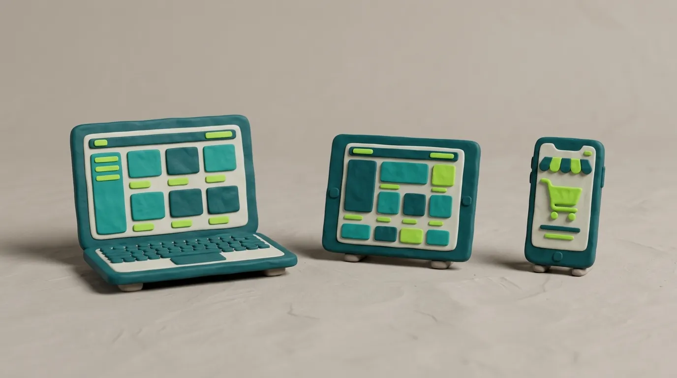 Clay-Render: Laptop, Tablet und Smartphone nebeneinander mit Shop-Interface-Mockups in Teal und Grün — symbolisiert verschiedene Shop-Systeme