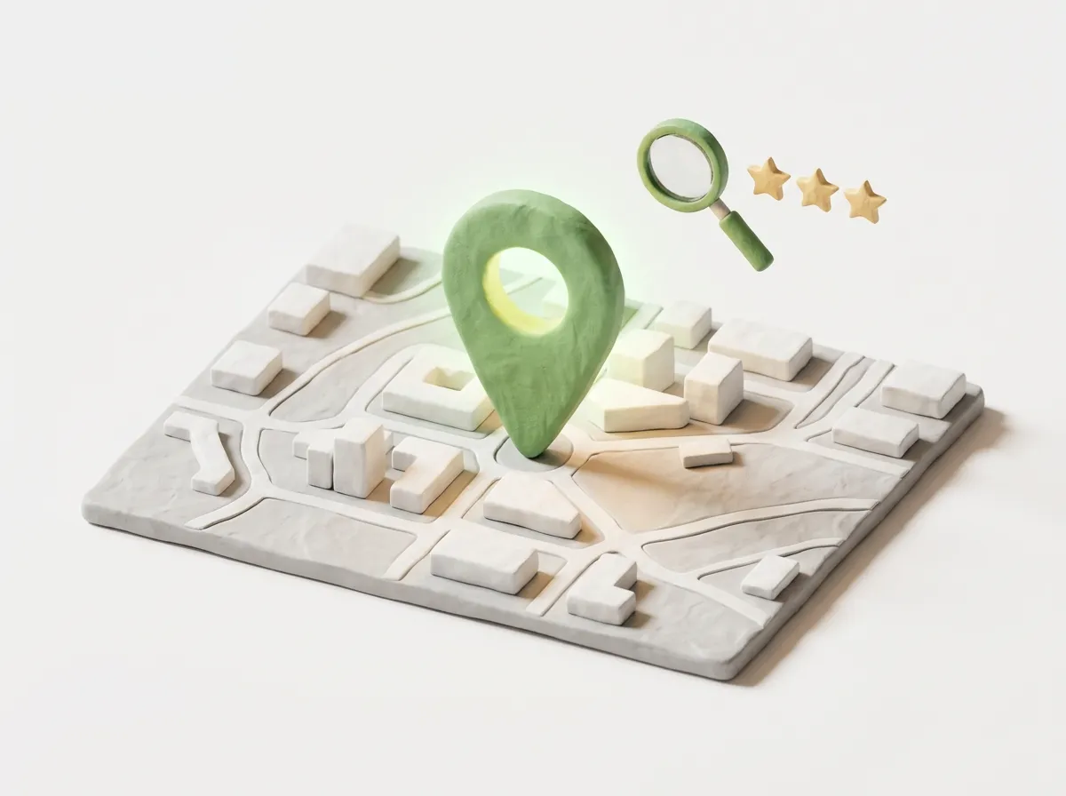 Lokales SEO für Restaurants: Clay-Karte mit Standort-Pin und Suchsymbol zeigt Google-Sichtbarkeit in der Region