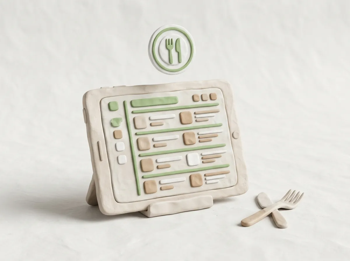 Digitale Speisekarte für Restaurants: Clay-Tablet zeigt abstrakte Menüdarstellung mit Besteck-Symbolen