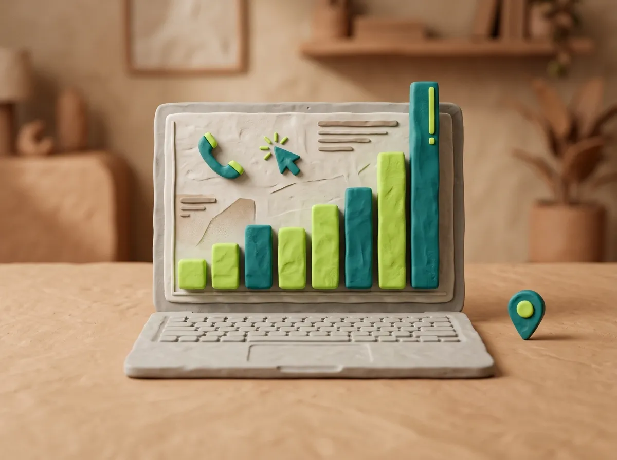 SEO Ergebnisse Dahme-Spreewald: Clay-Laptop zeigt steigendes Balkendiagramm für lokale Google-Rankings in Königs Wusterhausen