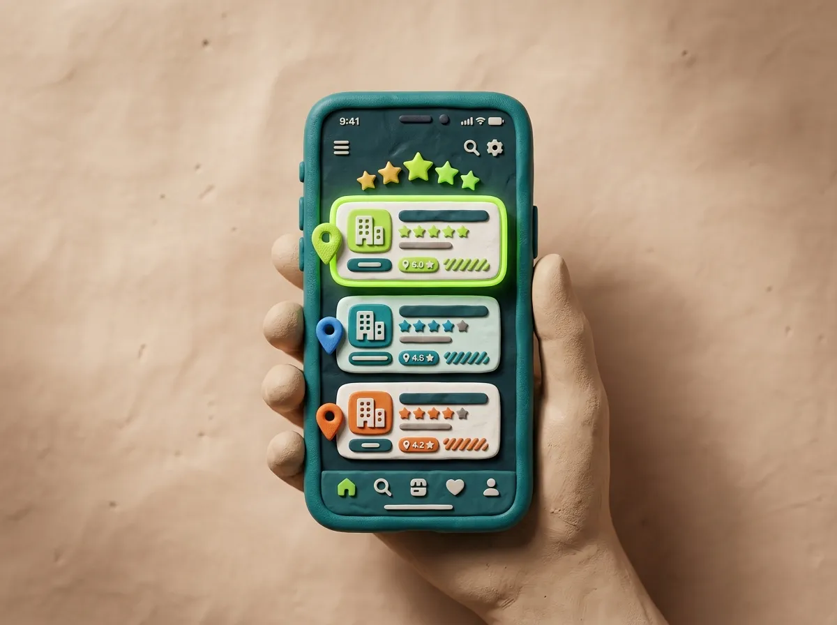 Google Local Pack für Frankfurt (Oder): Clay-Smartphone zeigt drei lokale Unternehmen