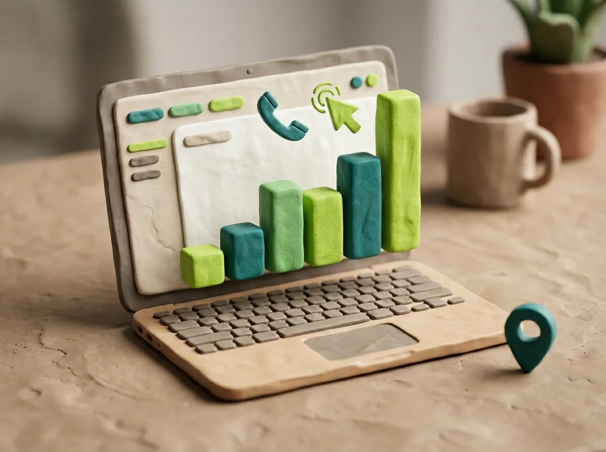 SEO Ergebnisse Frankfurt (Oder): Clay-Laptop zeigt steigendes Balkendiagramm für Google-Rankings