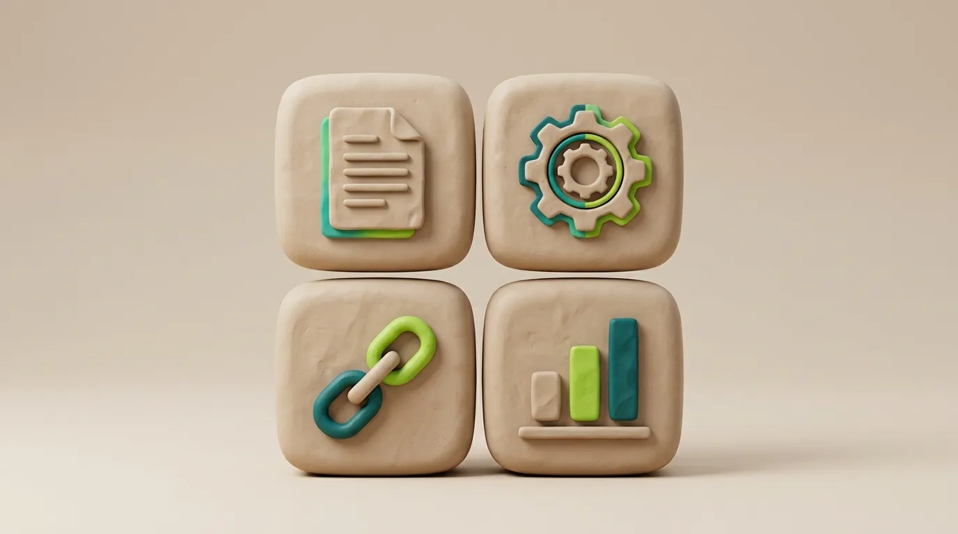 SEO-Leistungsbausteine für KMU: OnPage, OffPage, technisches SEO, Content und Reporting visualisiert als Clay-3D-Objekte