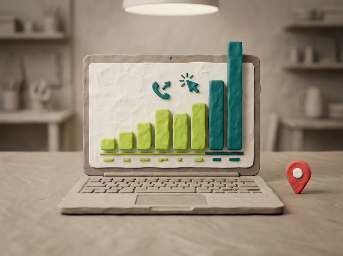 SEO Ergebnisse Oder-Spree: Clay-Laptop zeigt steigendes Balkendiagramm für Rankings in Beeskow