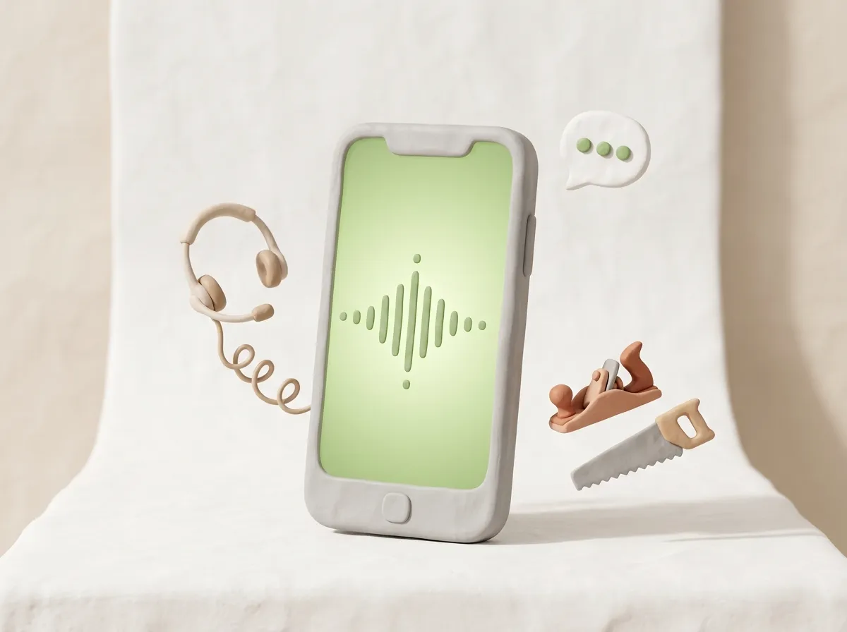 KI-Telefonassistent für Tischler: Clay-Smartphone mit Sprachsymbol zeigt automatische Anrufannahme während der Maschinenarbeit