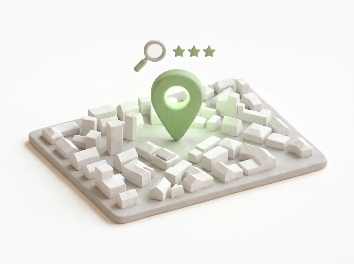 Lokales SEO für Tischler: Clay-Karte mit Standort-Pin und Suchsymbol zeigt Google-Sichtbarkeit für Schreiner und Tischler