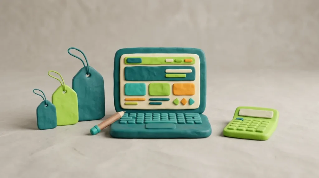 Clay-Darstellung: Laptop mit Website-Mockup, Preis-Icons und Taschenrechner — symbolisiert Website-Kosten im Vergleich