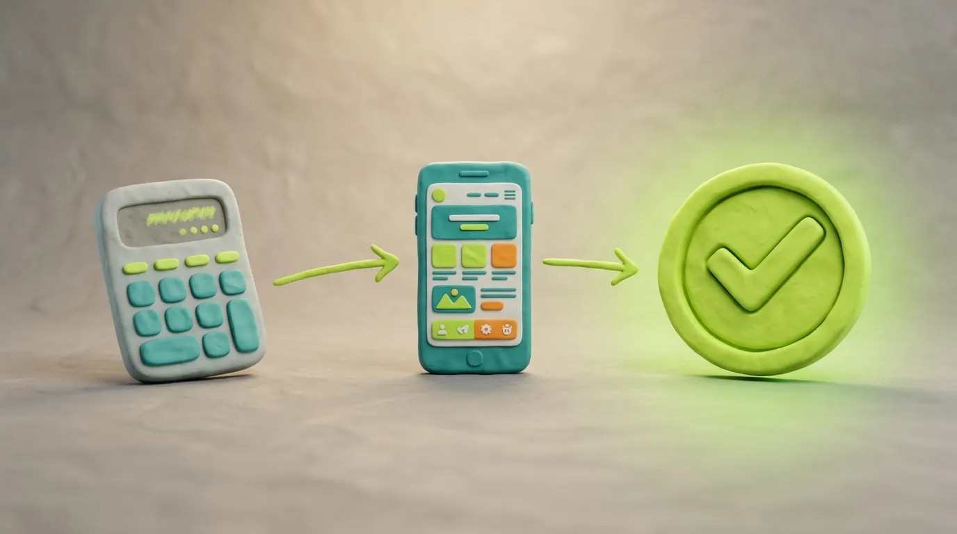 Clay-Taschenrechner mit Ergebnis neben einem Smartphone mit Website-Mockup und grünem Haken — Kostenklarheit beim Website erstellen lassen